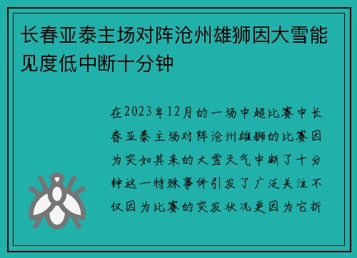 长春亚泰主场对阵沧州雄狮因大雪能见度低中断十分钟